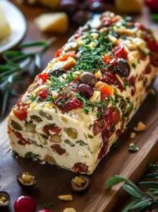 Holiday antipasto cream cheese log with assorted toppings and garnishes.