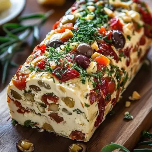 Holiday antipasto cream cheese log with assorted toppings and garnishes.