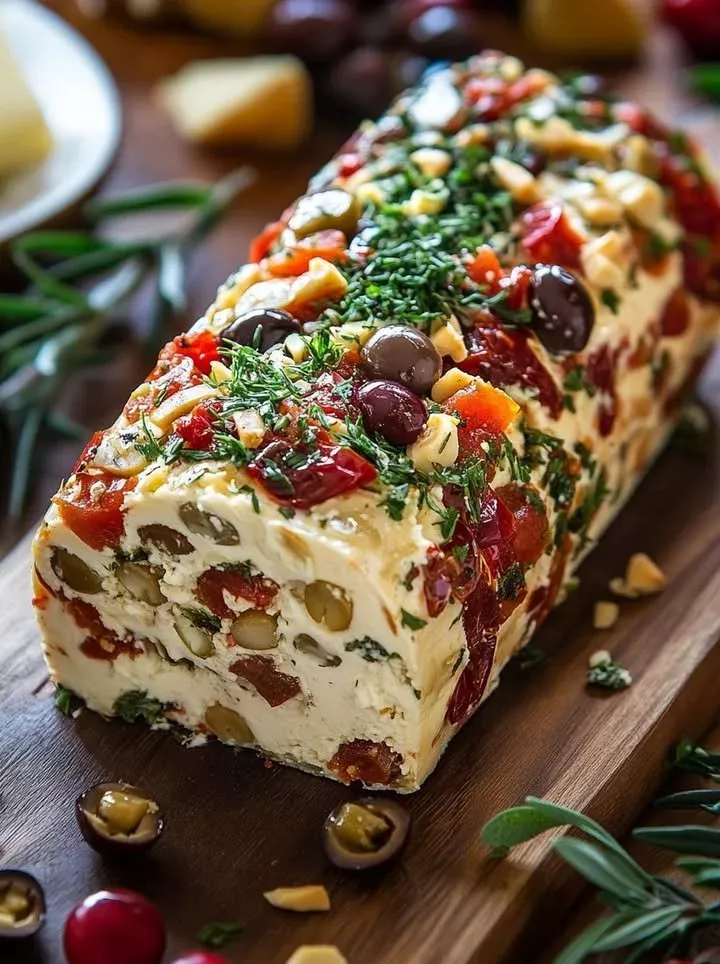 Holiday antipasto cream cheese log with assorted toppings and garnishes.