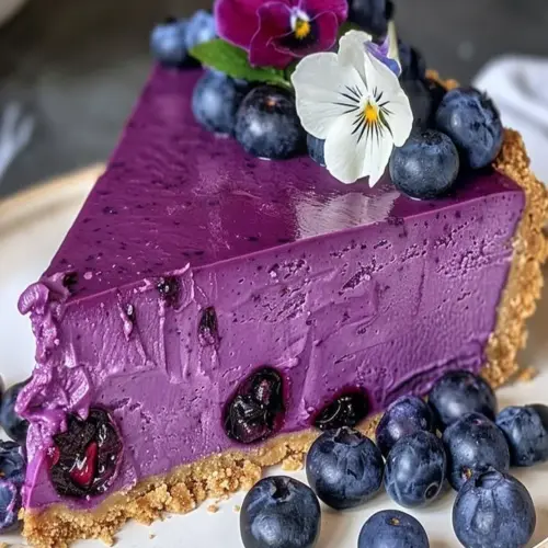 Blueberry cheesecake topped with lavender flowers for an elegant dessert presentation