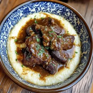 Delicious braised beef tips served over creamy grits in a rustic bowl