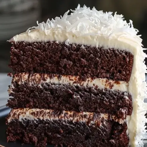 Delicious slice of Celestial Coconut Chocolate Cake with coconut flakes and chocolate frosting.