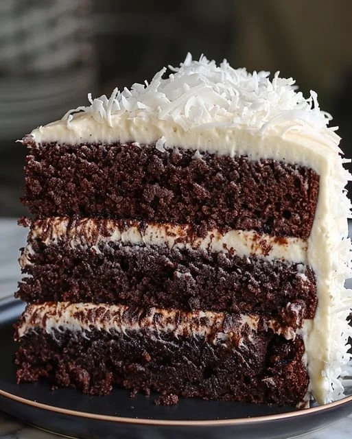 Delicious slice of Celestial Coconut Chocolate Cake with coconut flakes and chocolate frosting.