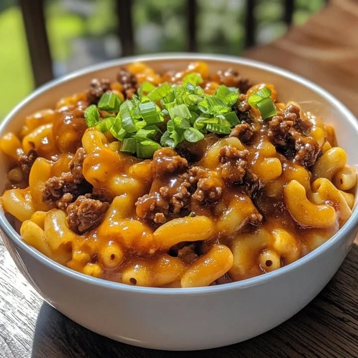 Cheddar BBQ Beef Mac and Cheese topped with crispy breadcrumbs