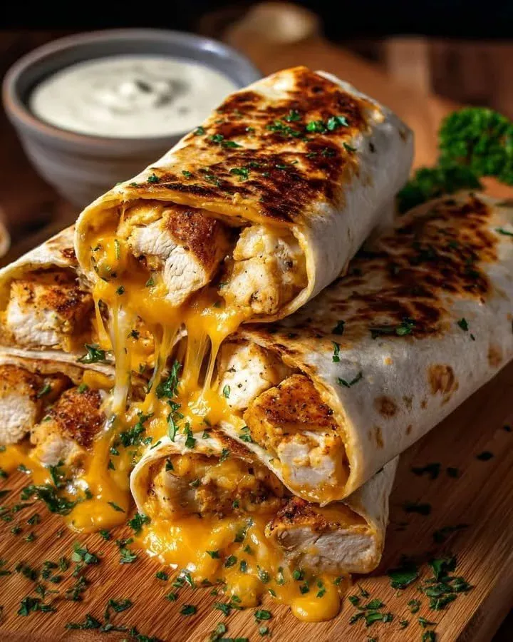 Cheesy garlic chicken wraps served with fresh ingredients