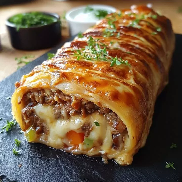 Cheesy ground meat puff pastry rolls on a wooden board