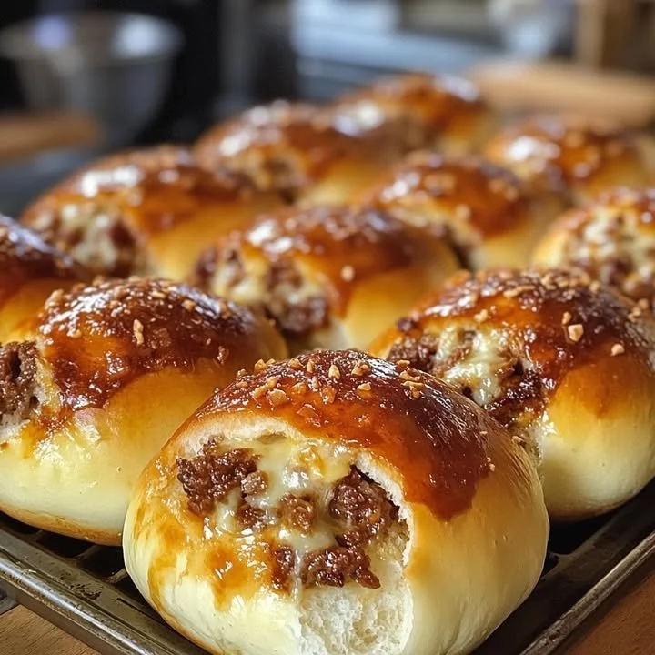 Cheesy meat buns with a delicious golden crust served on a platter.