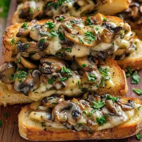 Cheesy mushroom sandwich melts stacked on a plate with fresh herbs