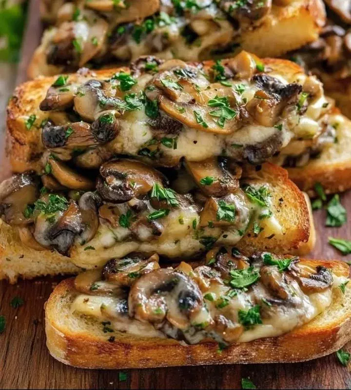 Cheesy mushroom sandwich melts stacked on a plate with fresh herbs