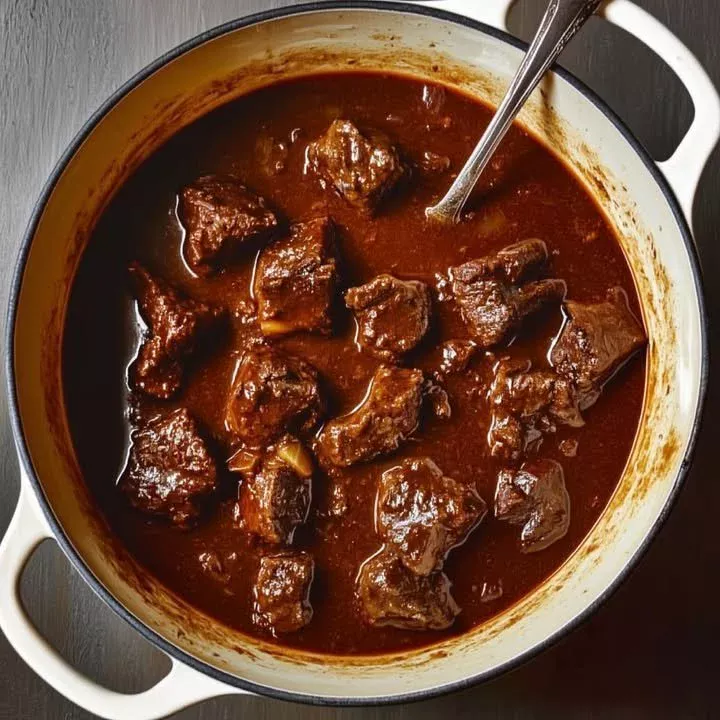 A hearty bowl of classic Hungarian beef goulash with vegetables and spices