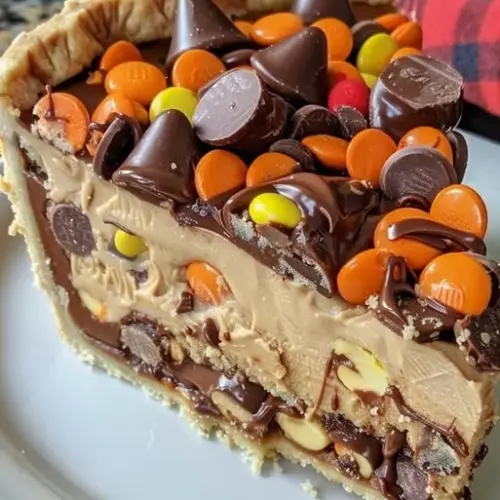 Colossal Reese's Peanut Butter Cup Pie topped with chocolate and peanut butter layers