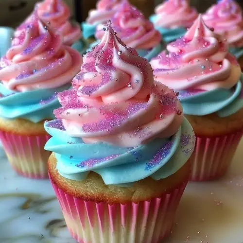 A colorful display of cotton candy cupcakes topped with fluffy cotton candy.