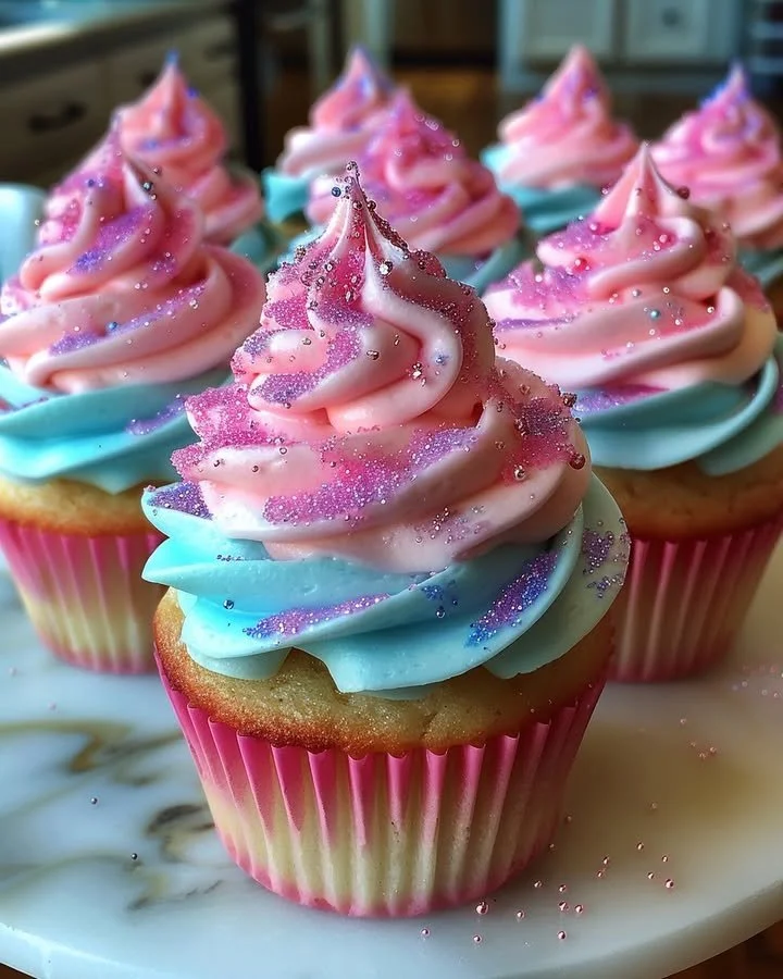 A colorful display of cotton candy cupcakes topped with fluffy cotton candy.