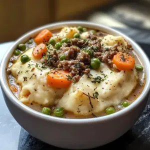 Cozy Shepherd's Pie Dumpling Soup served in a bowl with fresh herbs.