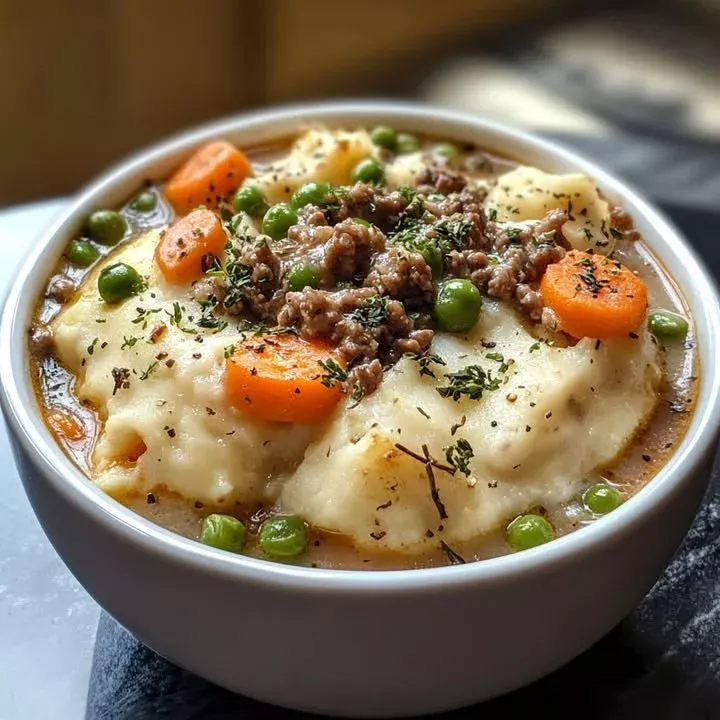 Cozy Shepherd's Pie Dumpling Soup served in a bowl with fresh herbs.
