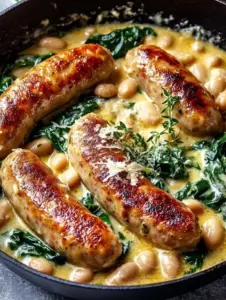 Creamy bean spinach chicken sausage skillet served in a pan