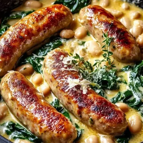 Creamy bean spinach chicken sausage skillet served in a pan
