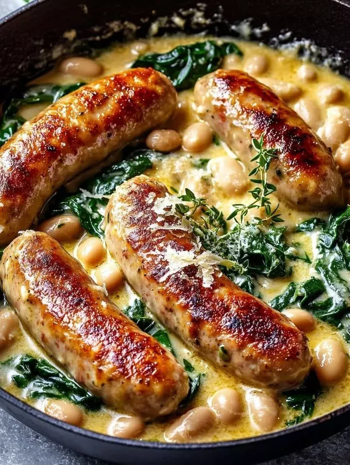 Creamy bean spinach chicken sausage skillet served in a pan
