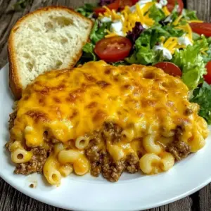 Creamy beef macaroni dish garnished with herbs and served in a bowl