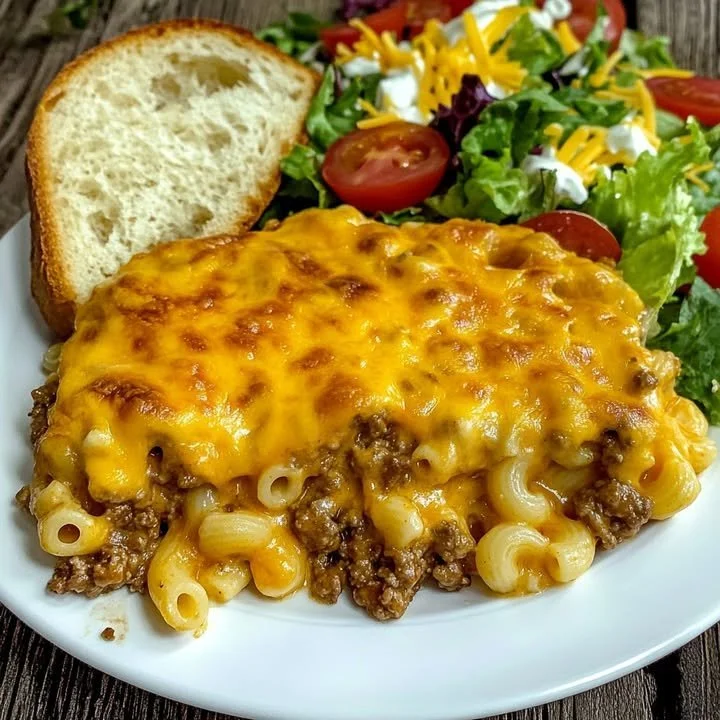 Creamy beef macaroni dish garnished with herbs and served in a bowl