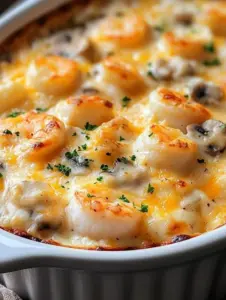 Creamy cheesy seafood bake with shrimp and crab topped with melted cheese