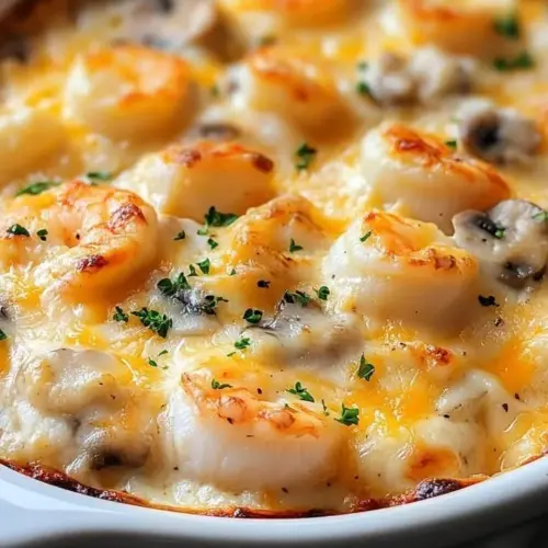 Creamy cheesy seafood bake with shrimp and crab topped with melted cheese