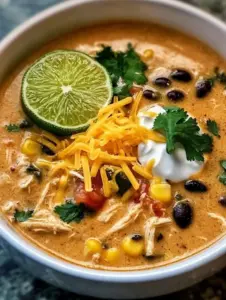 Bowl of creamy chicken poblano soup with black beans and garnishes