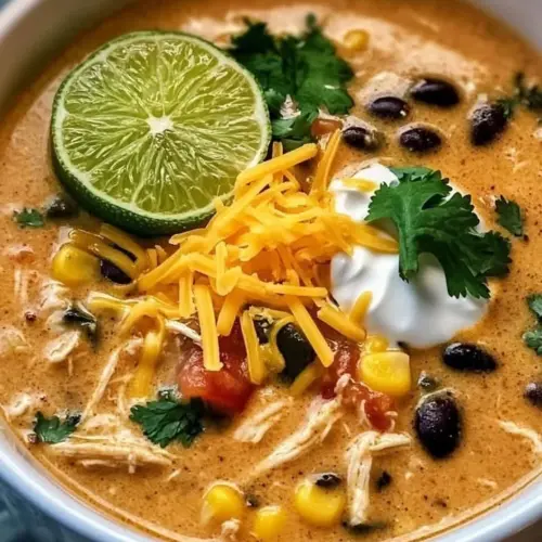 Bowl of creamy chicken poblano soup with black beans and garnishes