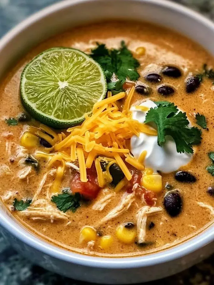 Bowl of creamy chicken poblano soup with black beans and garnishes