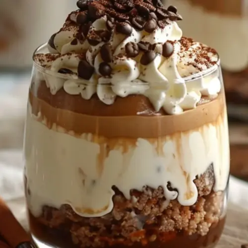Delicious creamy coffee mousse dessert topped with chocolate shavings.