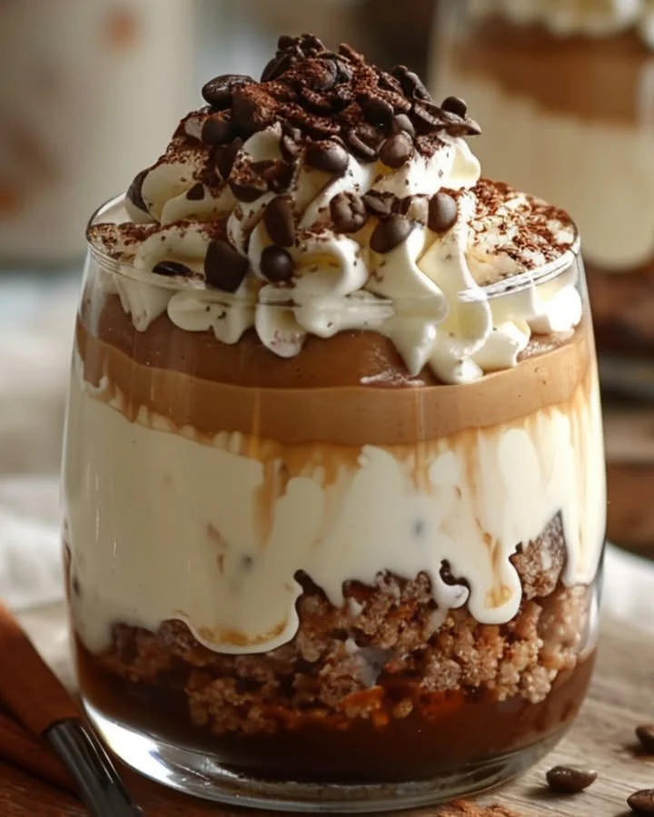 Delicious creamy coffee mousse dessert topped with chocolate shavings.