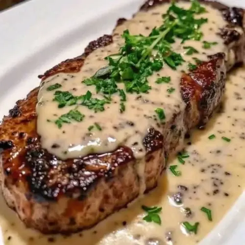 Creamy Garlic Steak served with a rich, creamy sauce on a white plate