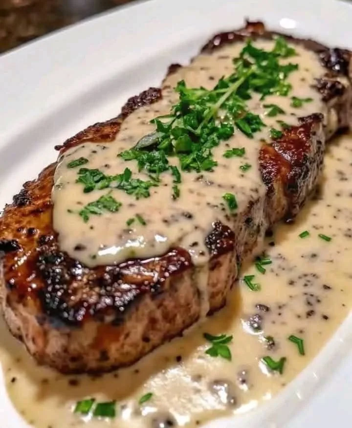 Creamy Garlic Steak served with a rich, creamy sauce on a white plate