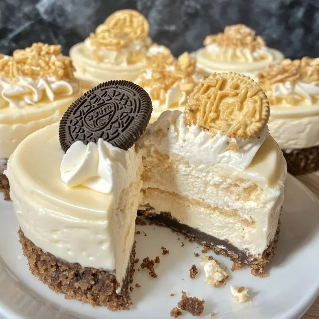 Creamy no-bake cheesecake topped with crushed golden Oreos.