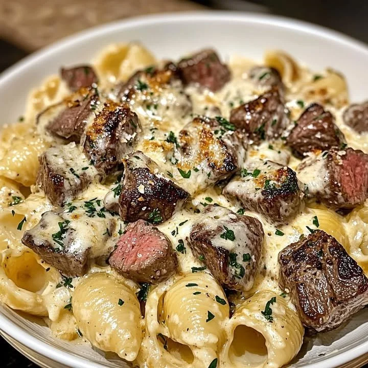 Creamy Parmesan garlic butter steak bites served in a skillet.