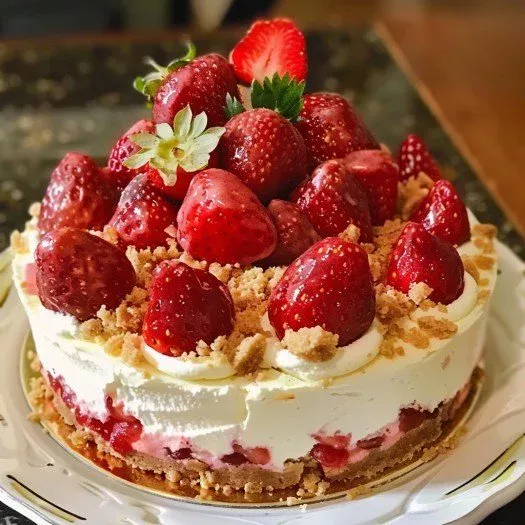 Slice of creamy strawberry cheesecake topped with fresh strawberries