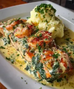 Creamy Tuscan salmon and shrimp on a plate garnished with herbs.