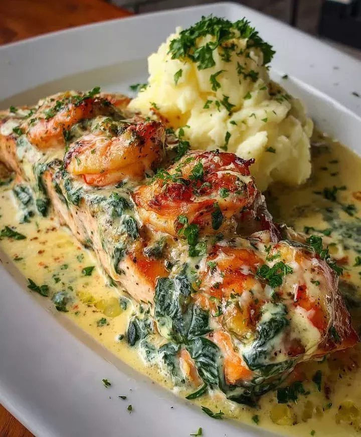 Creamy Tuscan salmon and shrimp on a plate garnished with herbs.