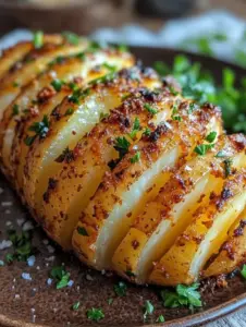 Crispy Hasselback potatoes drizzled with garlic butter on a plate