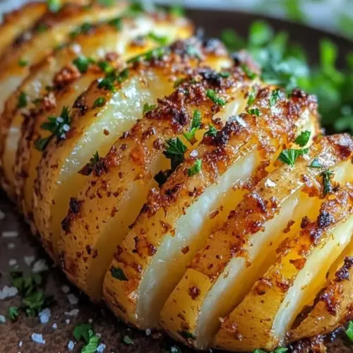 Crispy Hasselback potatoes drizzled with garlic butter on a plate