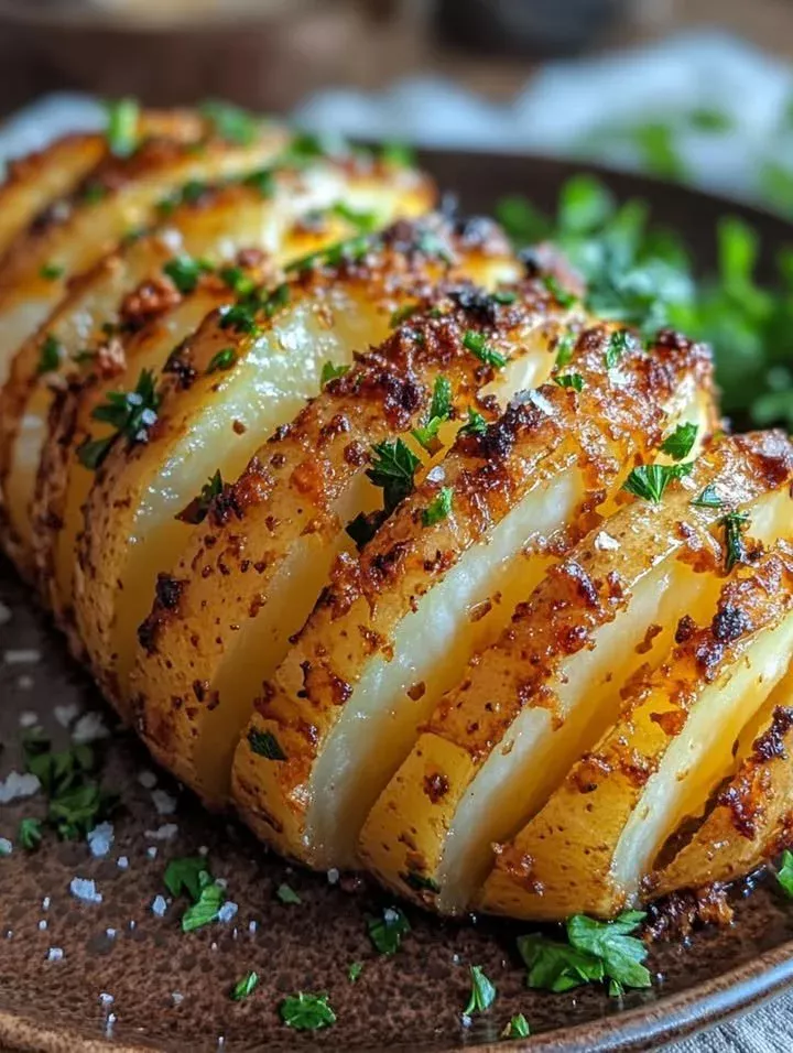 Crispy Hasselback potatoes drizzled with garlic butter on a plate