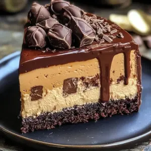 Decadent chocolate peanut butter cheesecake slice on a plate