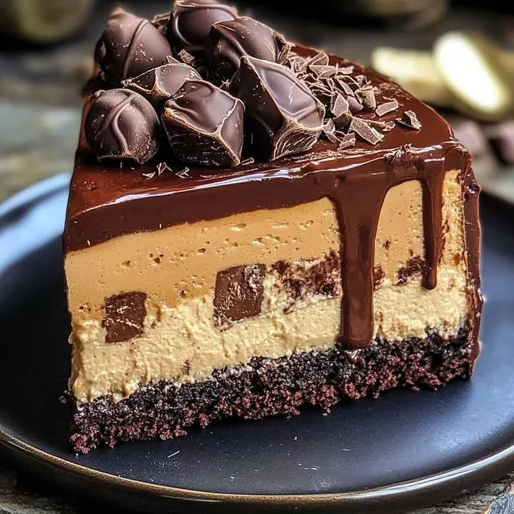 Decadent chocolate peanut butter cheesecake slice on a plate