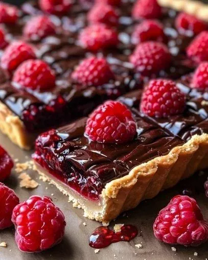 Decadent raspberry chocolate pie bars served on a plate with fresh raspberries.