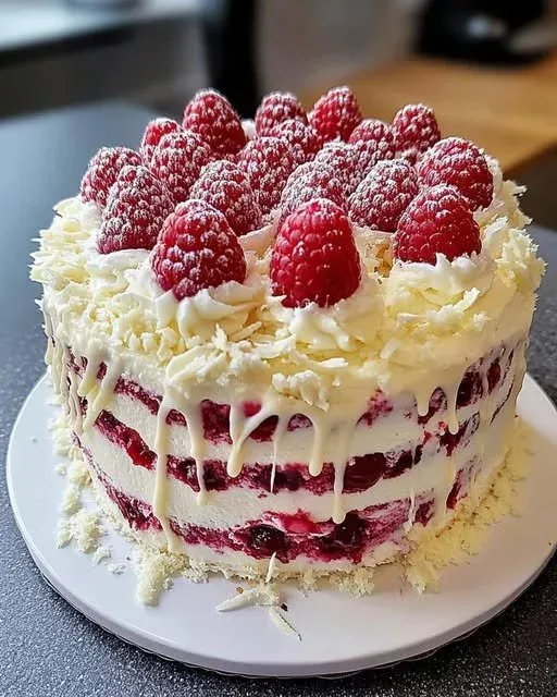 A slice of dreamy white chocolate raspberry cake with fresh raspberries on top.