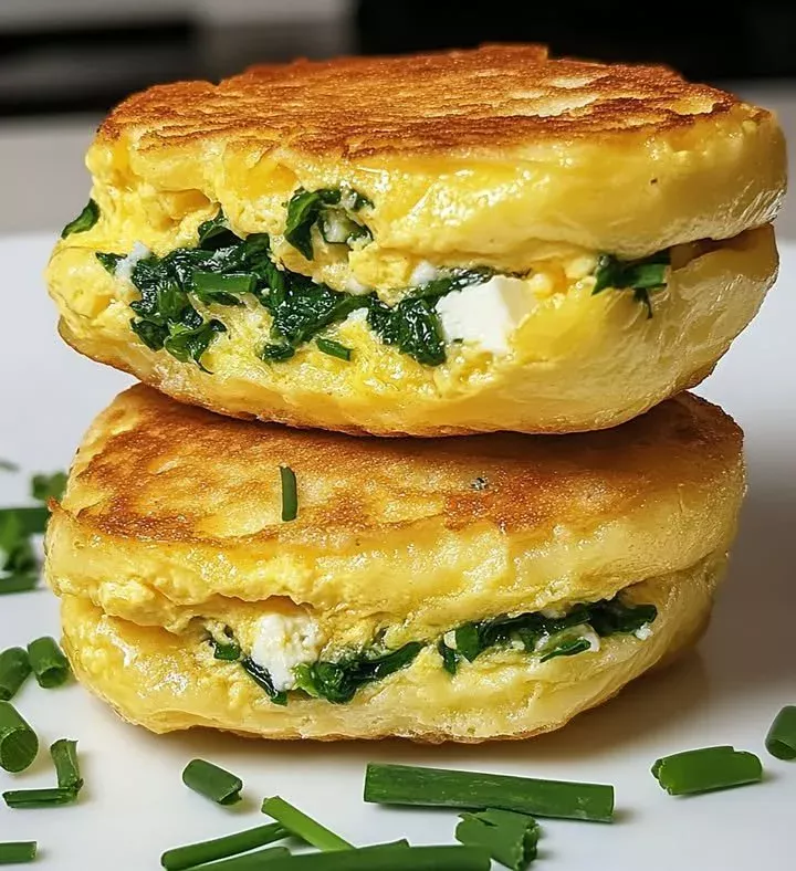 Egg muffins with spinach, feta cheese, and chives on a wooden table.