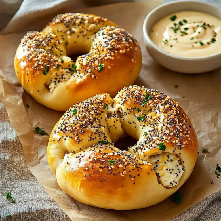 Garlic cream cheese stuffed bagels on a wooden cutting board