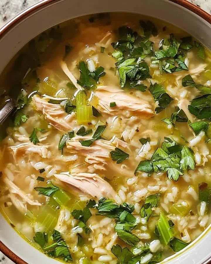 A bowl of ginger chicken rice soup garnished with fresh herbs