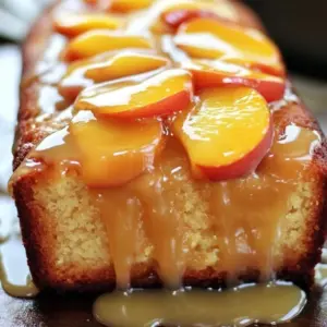 Golden Peach Pound Cake Loaf fresh out of the oven, showcasing its moist texture and peach chunks.