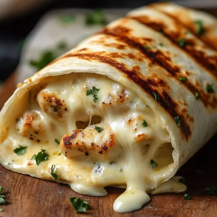 Grilled chicken garlic cheese wrap on a plate with fresh herbs